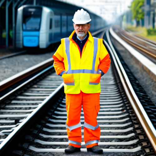 Home 15 A seasoned male railway engineer, fully clothed in a professional and modest work uniform with a high-visibility vest, stands confidently beside modern railway tracks. In the foreground, a subtle, high-tech sensor device for track monitoring is visible. The background, slightly blurred, features a symbolic representation of an older railway worker manually inspecting tracks with a hammer, illustrating the profound evolution of railway diagnostics from intuition to data. The image emphasizes technological advancement, precision, and safety. Natural pose, perfect anatomy, well-formed hands, proper finger count, natural body proportions, professional photography, high quality, safe for work, appropriate content, fully clothed, professional, modest.