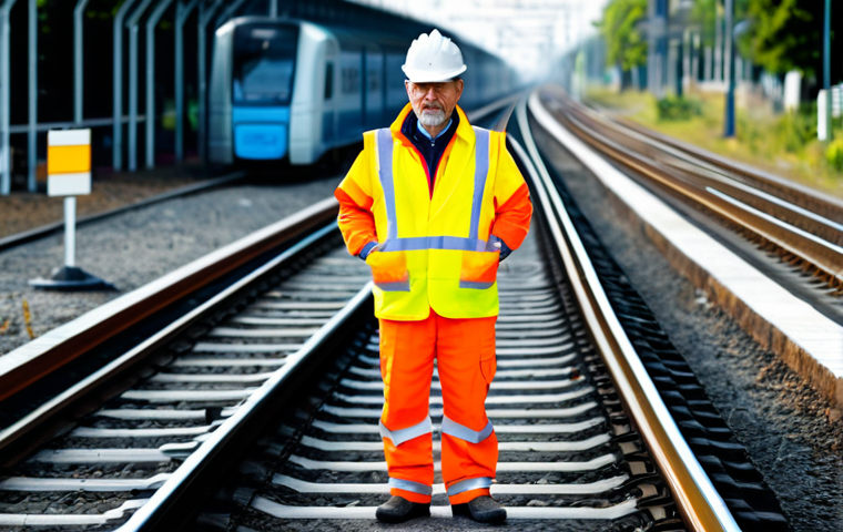 A seasoned male railway engineer, fully clothed in a professional and modest work uniform with a high-visibility vest, stands confidently beside modern railway tracks. In the foreground, a subtle, high-tech sensor device for track monitoring is visible. The background, slightly blurred, features a symbolic representation of an older railway worker manually inspecting tracks with a hammer, illustrating the profound evolution of railway diagnostics from intuition to data. The image emphasizes technological advancement, precision, and safety. Natural pose, perfect anatomy, well-formed hands, proper finger count, natural body proportions, professional photography, high quality, safe for work, appropriate content, fully clothed, professional, modest.
