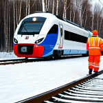 **

A modern Russian Railways "Lastochka" high-speed train speeding through a snowy birch forest in winter. The train is brightly lit and clean. A railway worker in a high-visibility vest and warm winter clothing is inspecting the tracks. Safe for work, appropriate content, fully clothed, professional, perfect anatomy, natural proportions, realistic style.

**