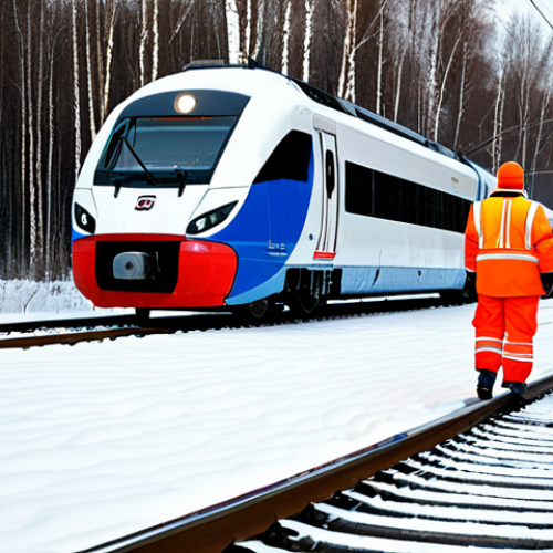 Home 14 **
A modern Russian Railways "Lastochka" high-speed train speeding through a snowy birch forest in winter. The train is brightly lit and clean. A railway worker in a high-visibility vest and warm winter clothing is inspecting the tracks. Safe for work, appropriate content, fully clothed, professional, perfect anatomy, natural proportions, realistic style.
**