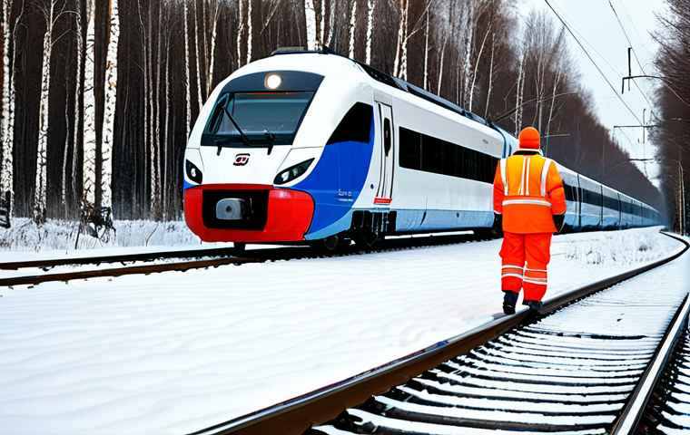 **

A modern Russian Railways "Lastochka" high-speed train speeding through a snowy birch forest in winter. The train is brightly lit and clean. A railway worker in a high-visibility vest and warm winter clothing is inspecting the tracks. Safe for work, appropriate content, fully clothed, professional, perfect anatomy, natural proportions, realistic style.

**