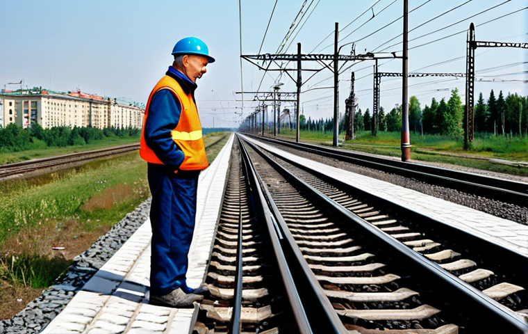 **

"A railway worker in Russia, fully clothed in appropriate work attire, inspecting a section of train tracks during the day. The scene shows aging infrastructure in the background. Safe for work, appropriate content, professional, perfect anatomy, natural proportions."

**