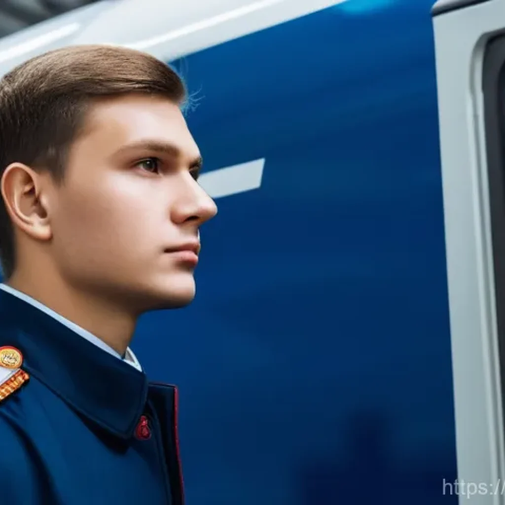철도기사 경력 개발 플랜 - A determined young male assistant machinist for Russian Railways, wearing a crisp, dark blue uniform...