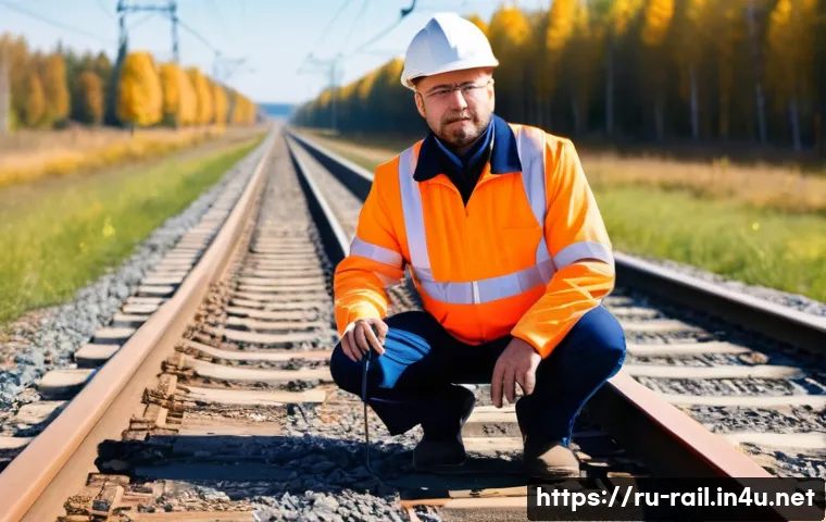 철도 유지보수 전문인력 수요 - **Prompt:** A male railway track inspector, around 40 years old, with a focused expression, wearing ...