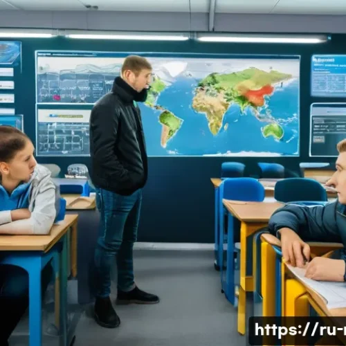 철도기사로 성공한 인물 사례 - A detailed scene inside a modern Russian railway technical college classroom, showing diverse studen...