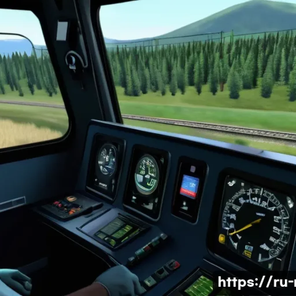 철도 운전 시뮬레이션 프로그램 - A highly detailed and realistic train simulator cockpit interior, showing a professional train drive...