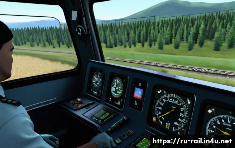 철도 운전 시뮬레이션 프로그램 - A highly detailed and realistic train simulator cockpit interior, showing a professional train drive...