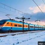 철도 전기 시스템 이해하기 - A detailed, realistic scene of a modern railway electrification system in Russia: featuring a high-s...