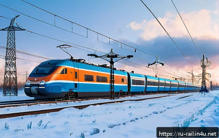 철도 전기 시스템 이해하기 - A detailed, realistic scene of a modern railway electrification system in Russia: featuring a high-s...