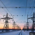 철도 전력 시스템 이해 - A highly detailed, realistic depiction of a modern railway electrification substation at sunset in R...