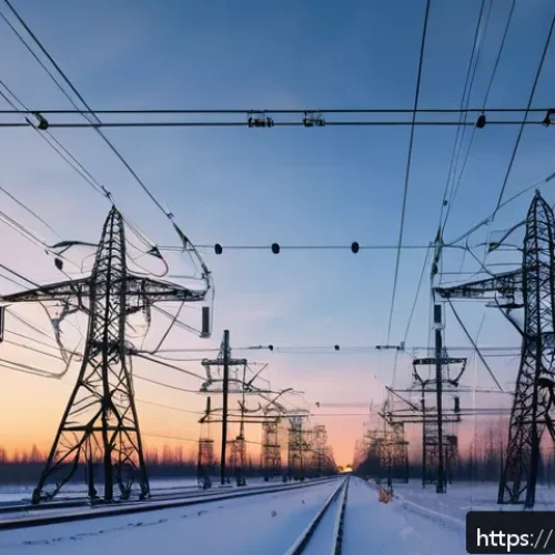 철도 전력 시스템 이해 - A highly detailed, realistic depiction of a modern railway electrification substation at sunset in R...