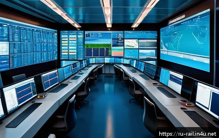 철도 실무 워크숍 후기 - A modern Russian railway control center showcasing a large digital dispatcher system with multiple m...