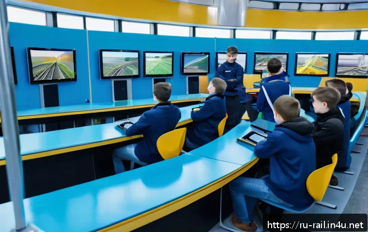 철도기사 교육기관 선택 팁 - A modern classroom scene in a Russian railway technical school, featuring diverse young students in ...
