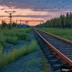 Home 19 철도 유지보수와 AI 활용 사례 - A high-tech railway track inspection scene at dusk in Russia, featuring drones flying over complex r...