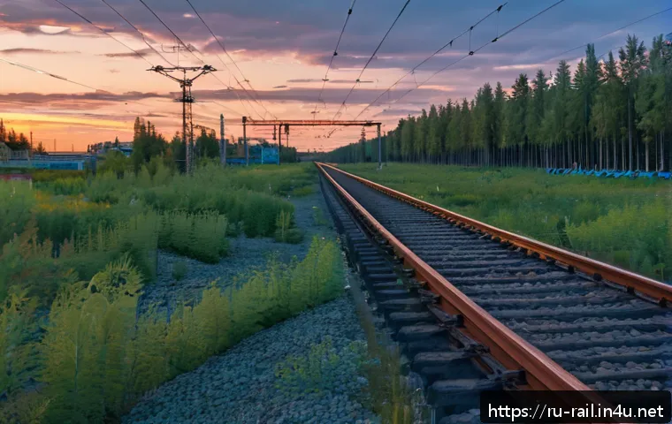 철도 유지보수와 AI 활용 사례 - A high-tech railway track inspection scene at dusk in Russia, featuring drones flying over complex r...
