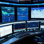 Home 23 철도 차량 주행 데이터 분석 - A high-tech railway control center with large digital dashboards displaying real-time GPS and RFID t...