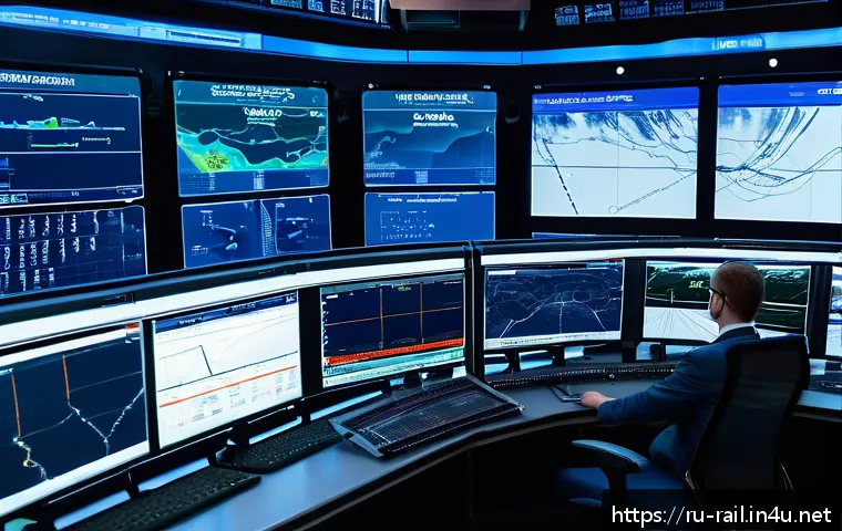 철도 차량 주행 데이터 분석 - A high-tech railway control center with large digital dashboards displaying real-time GPS and RFID t...