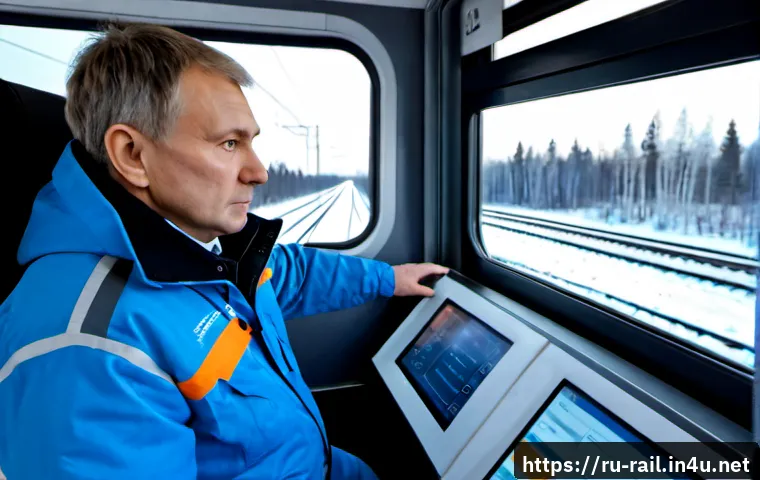 Home 17 철도기사와 직무 환경 변화 - Photorealistic Russian railway locomotive engineer in a modern train cab, middle-aged professional w...